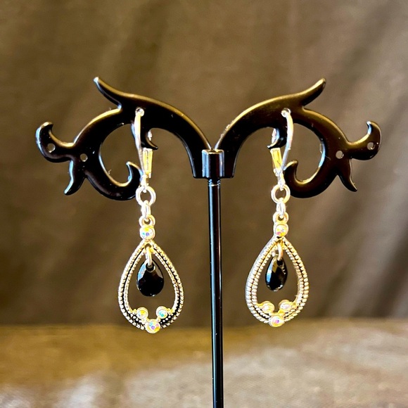 Sterling Silver & Black Teardrop Earrings w/ AB (looking) Crystal Accents - Picture 1 of 7